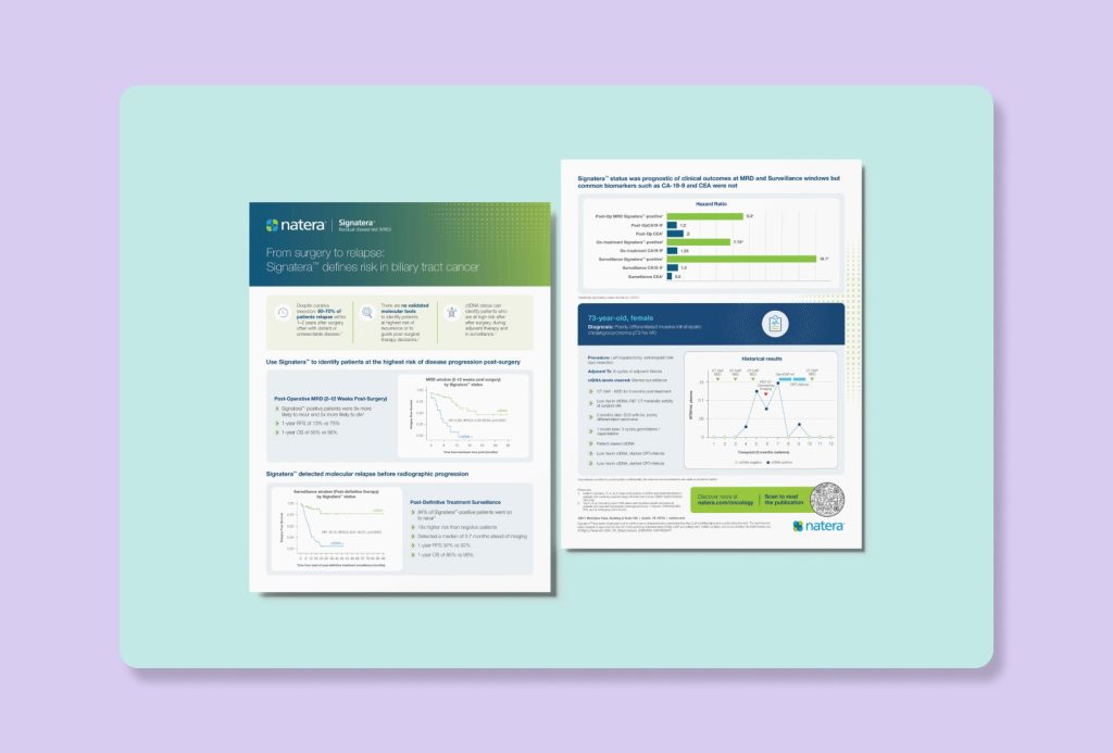 medical one-pagers with charts, clinical data, and a QR code